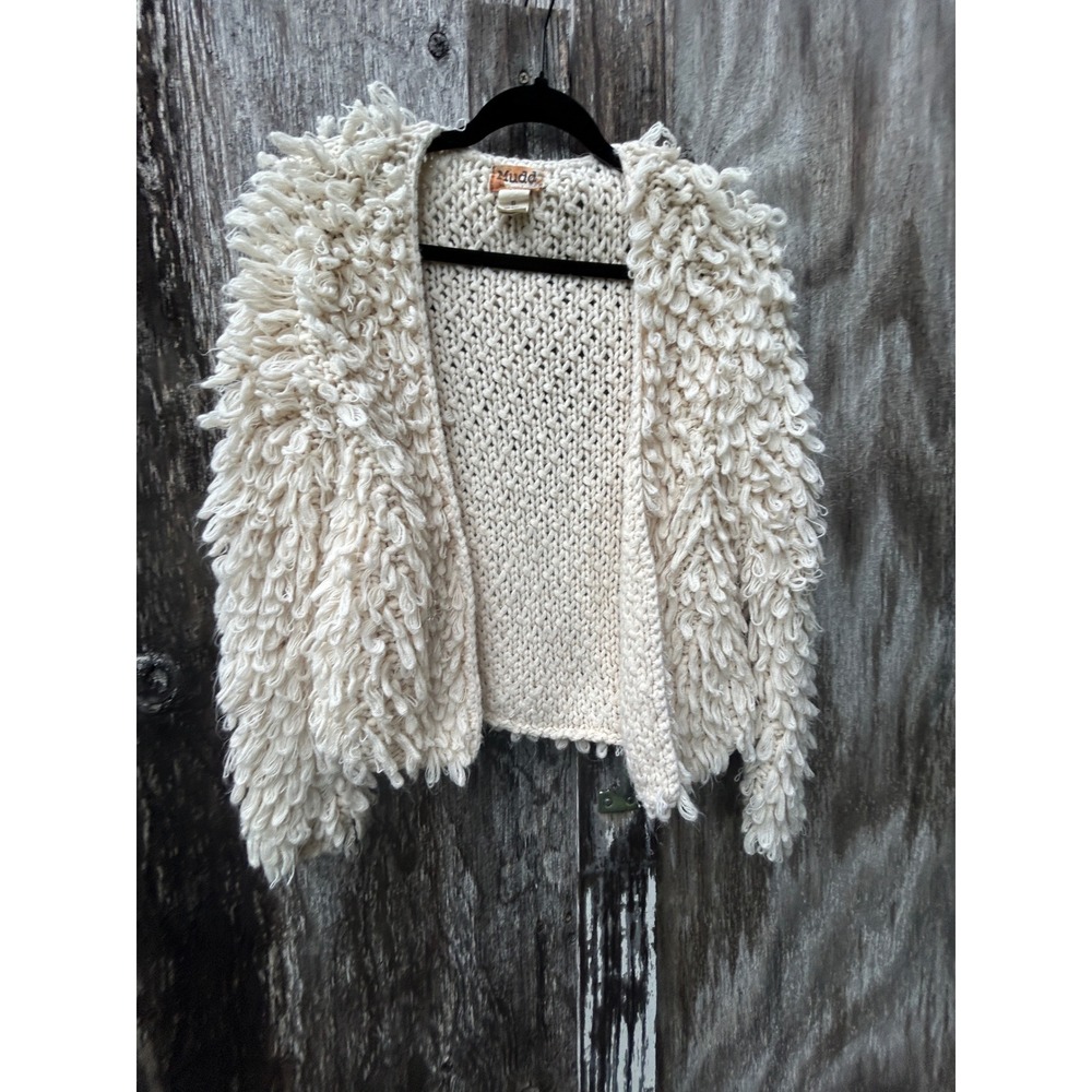 Vintage Y2K Mudd Cream Shaggy Loop Knit Cardigan Boho Festival Indie Sleaze Sm